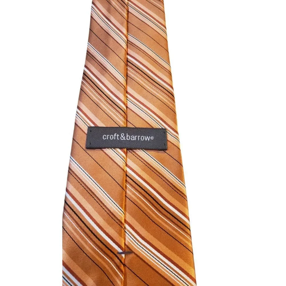 Croft &‎ Barrow Men's Repp Orange Striped 100% Silk Neck Tie Made in USA